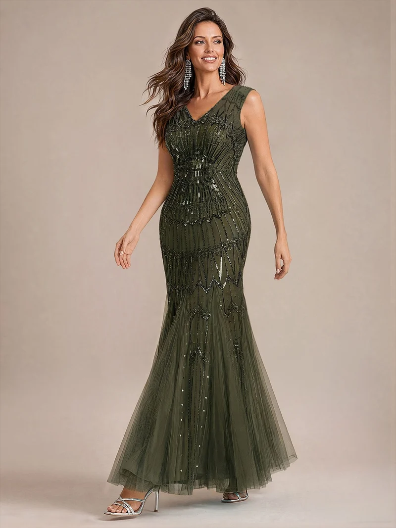 Robe de soirée sirène à sequins et perles