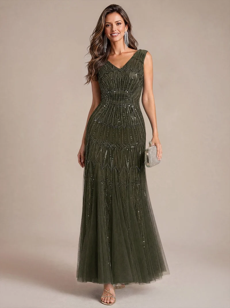 Robe de soirée sirène à sequins et perles