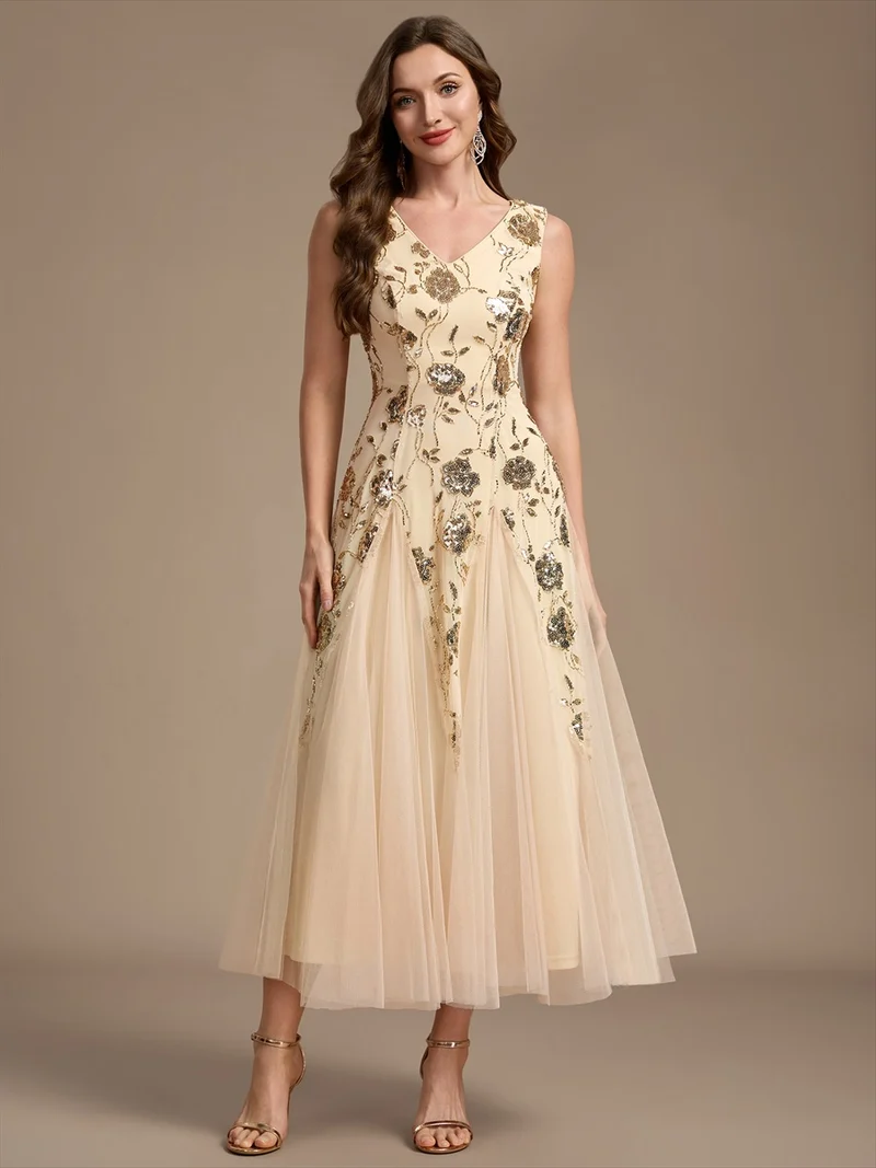 Robe longue à sequins et perles pour invitée de mariage