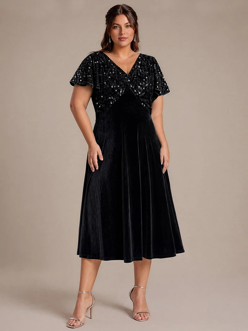 Robe de soirée midi en velours à sequins et manches volantées