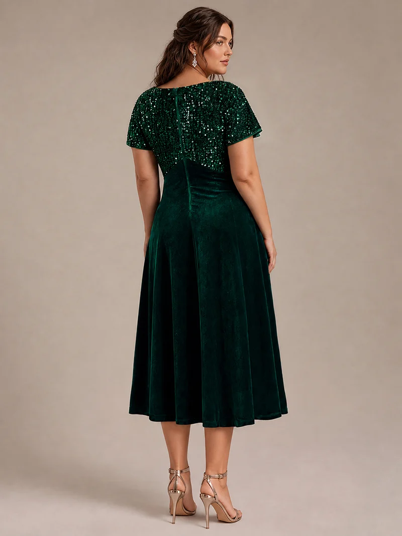 Robe de soirée midi en velours à sequins et manches volantées
