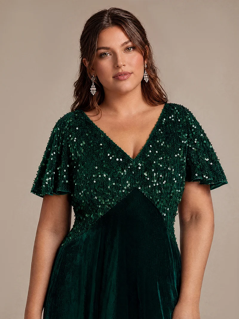 Robe de soirée midi en velours à sequins et manches volantées