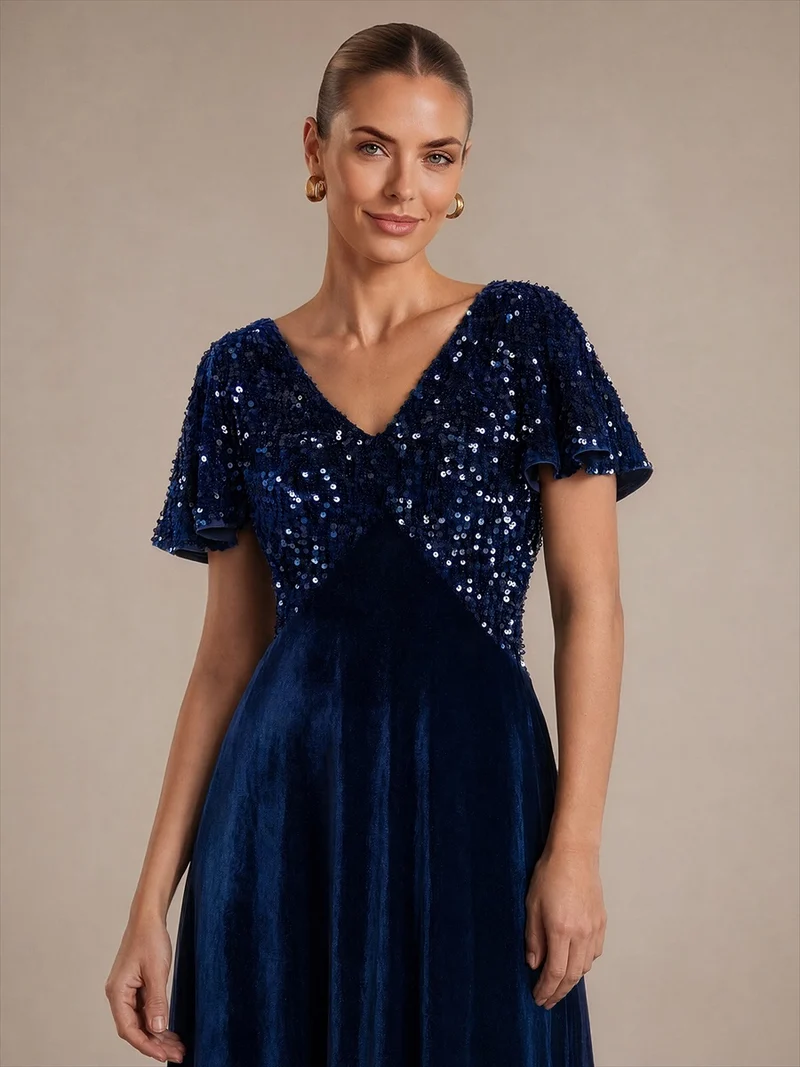 Robe de soirée midi en velours à sequins et manches volantées