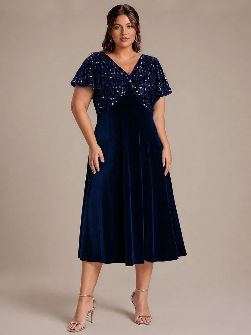 Robe de soirée midi en velours à sequins et manches volantées
