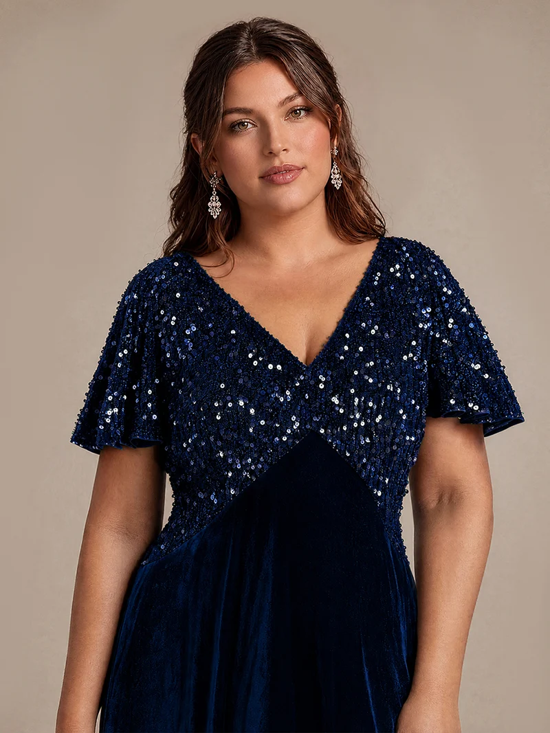Robe de soirée midi en velours à sequins et manches volantées