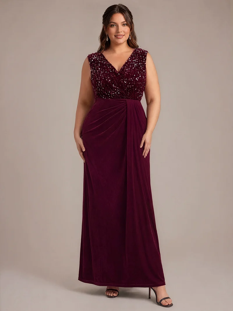 Robe de soirée maxi en velours drapé à décolleté en V