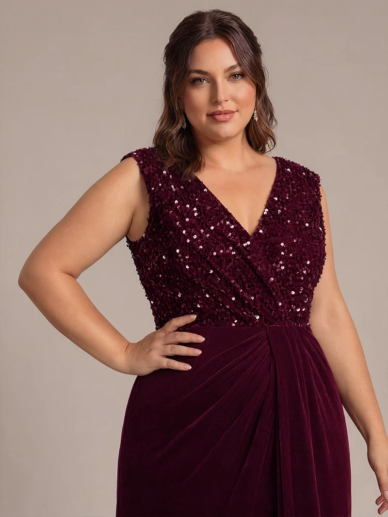Robe de soirée maxi en velours drapé à décolleté en V