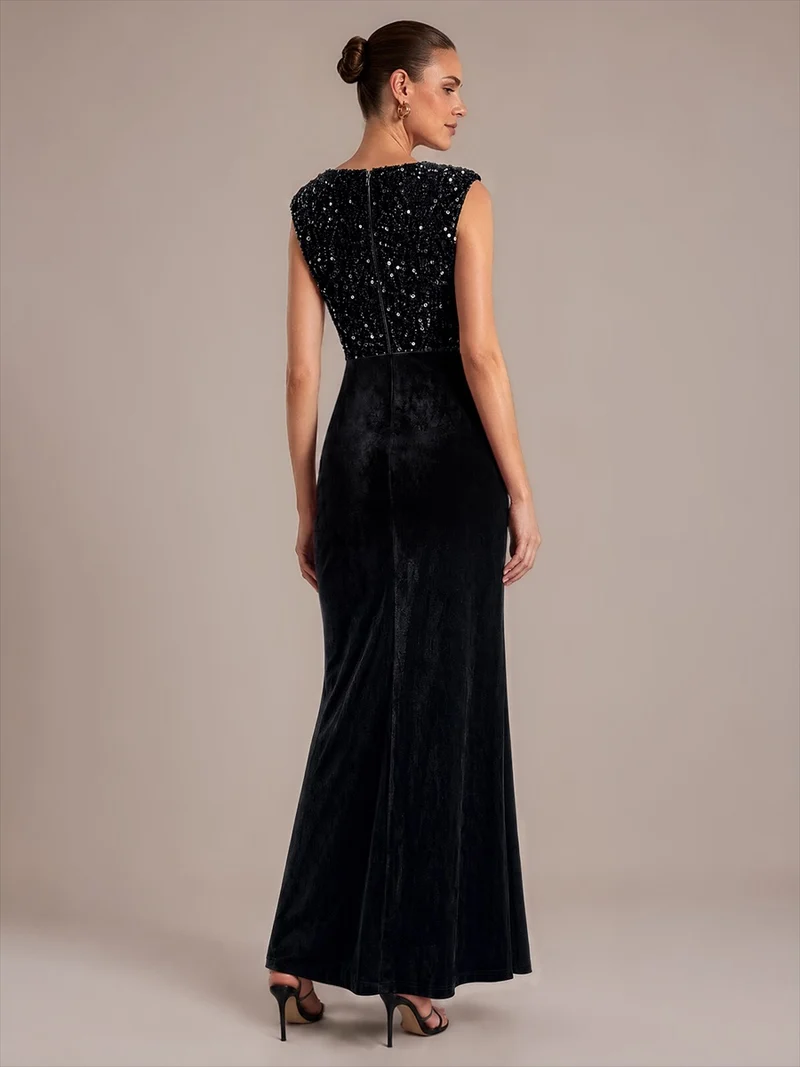 Robe de soirée maxi en velours drapé à décolleté en V