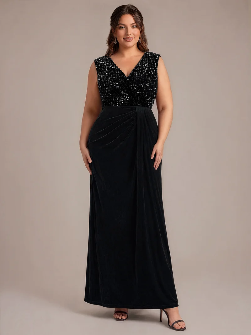 Robe de soirée maxi en velours drapé à décolleté en V