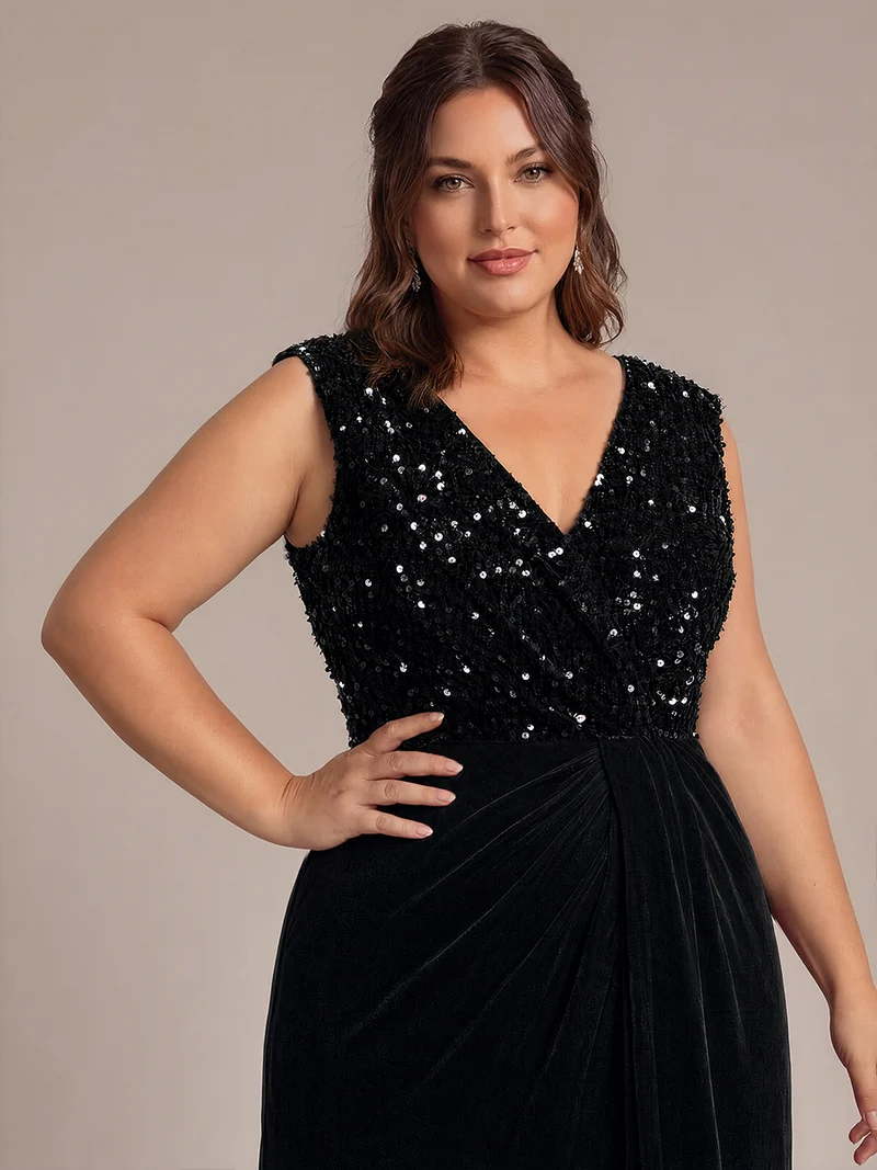 Robe de soirée maxi en velours drapé à décolleté en V