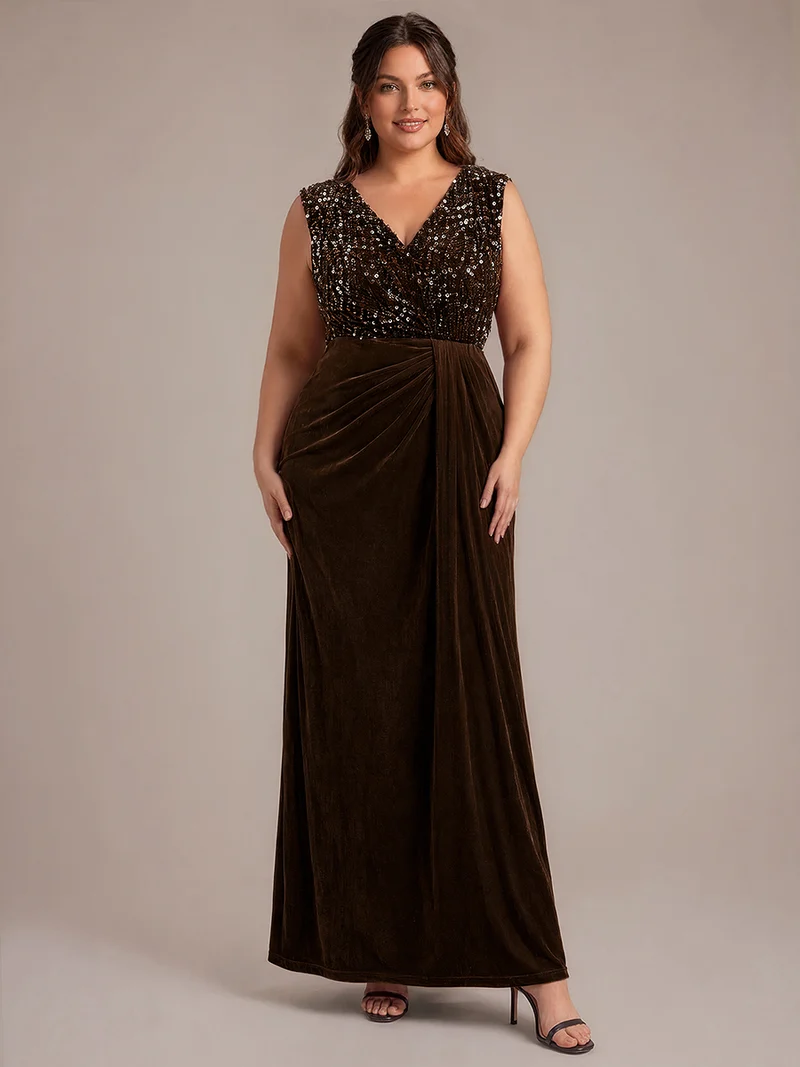 Robe de soirée maxi en velours drapé à décolleté en V
