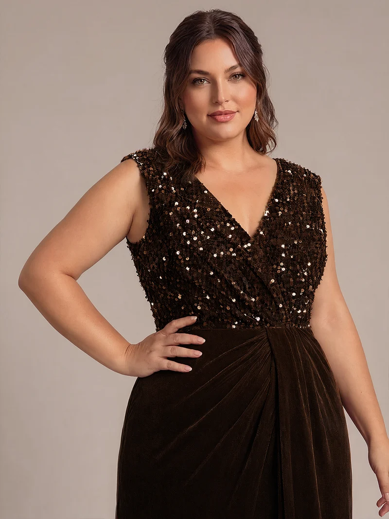 Robe de soirée maxi en velours drapé à décolleté en V