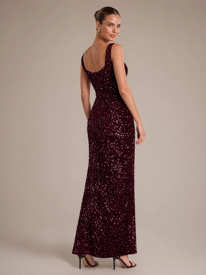 Robe de soirée maxi sans manches à sequins et décolleté carré