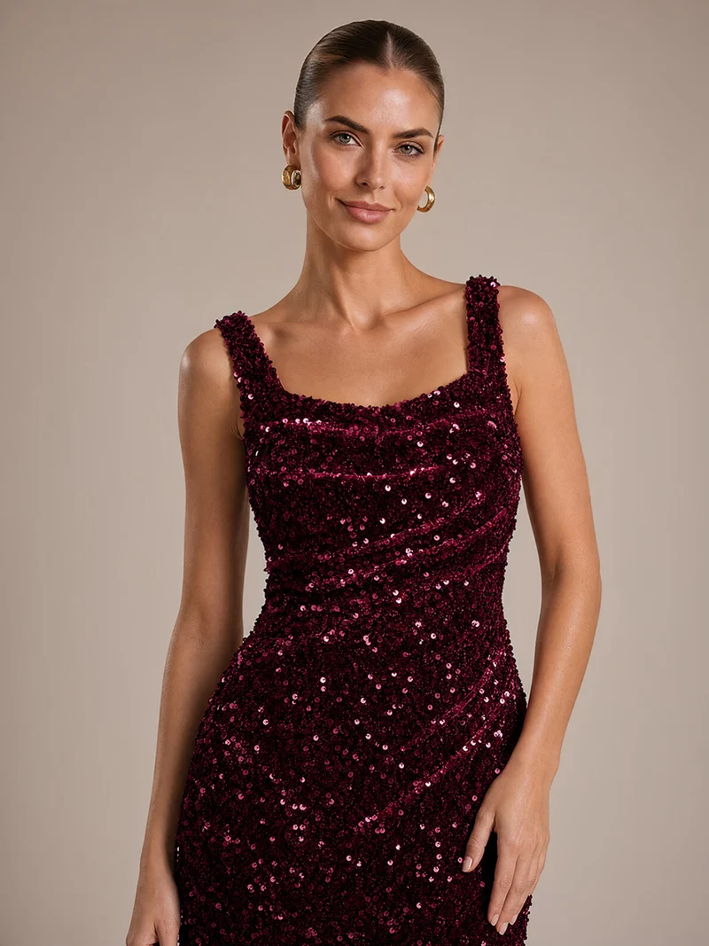 Robe de soirée maxi sans manches à sequins et décolleté carré