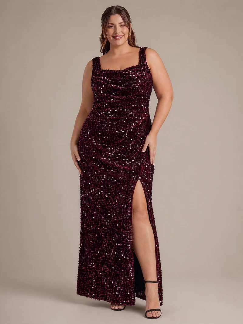 Robe de soirée maxi sans manches à sequins et décolleté carré
