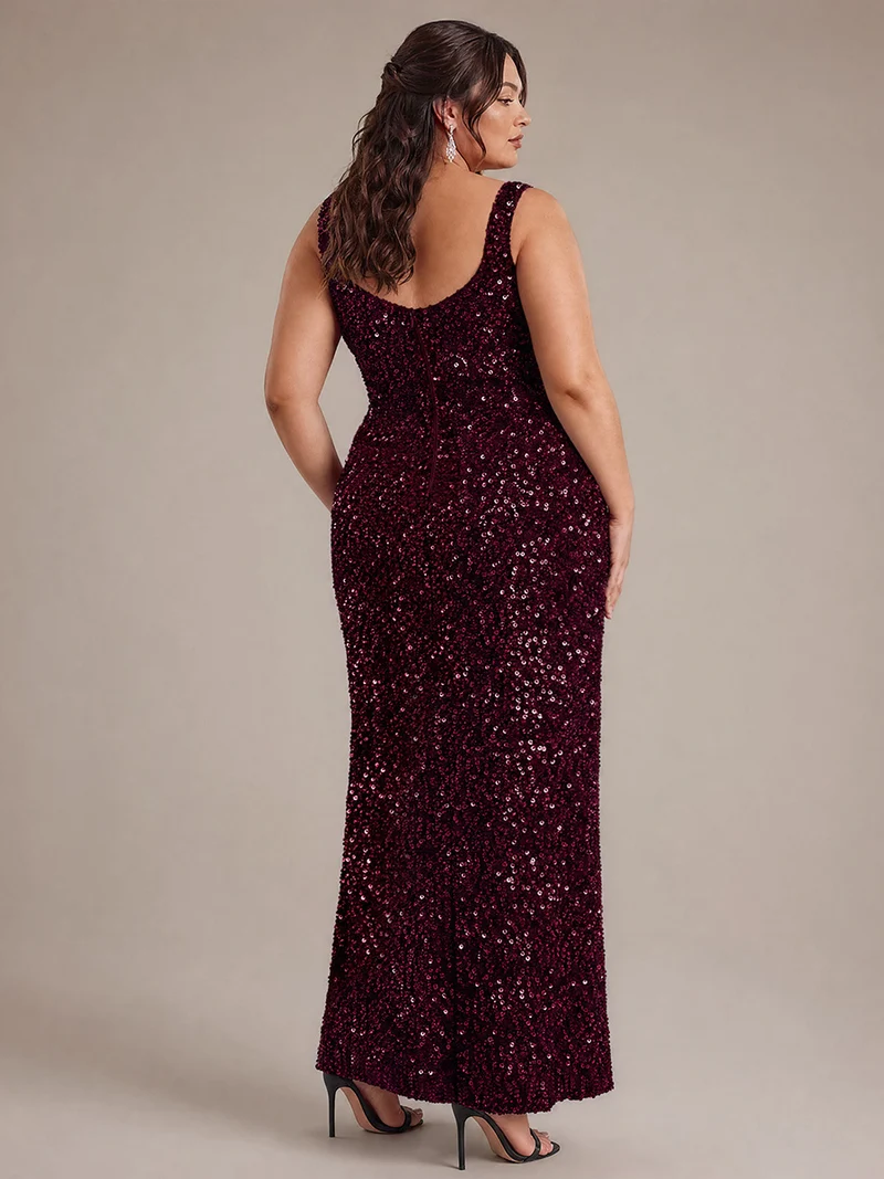 Robe de soirée maxi sans manches à sequins et décolleté carré