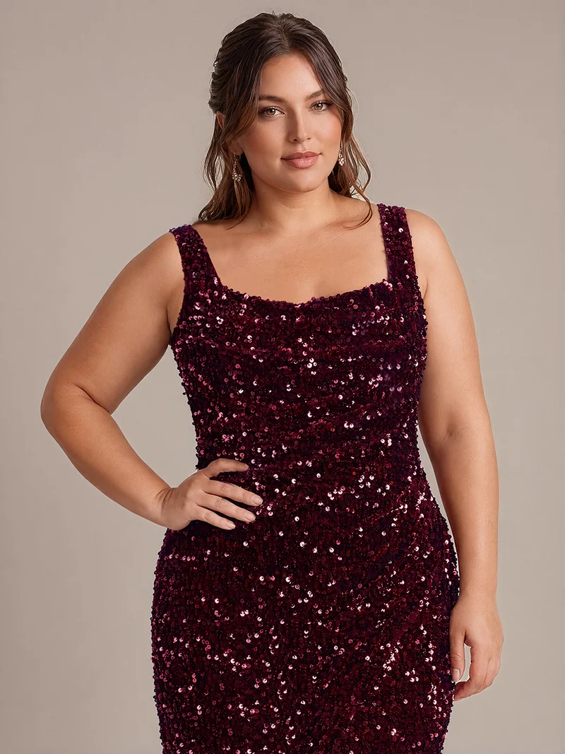 Robe de soirée maxi sans manches à sequins et décolleté carré