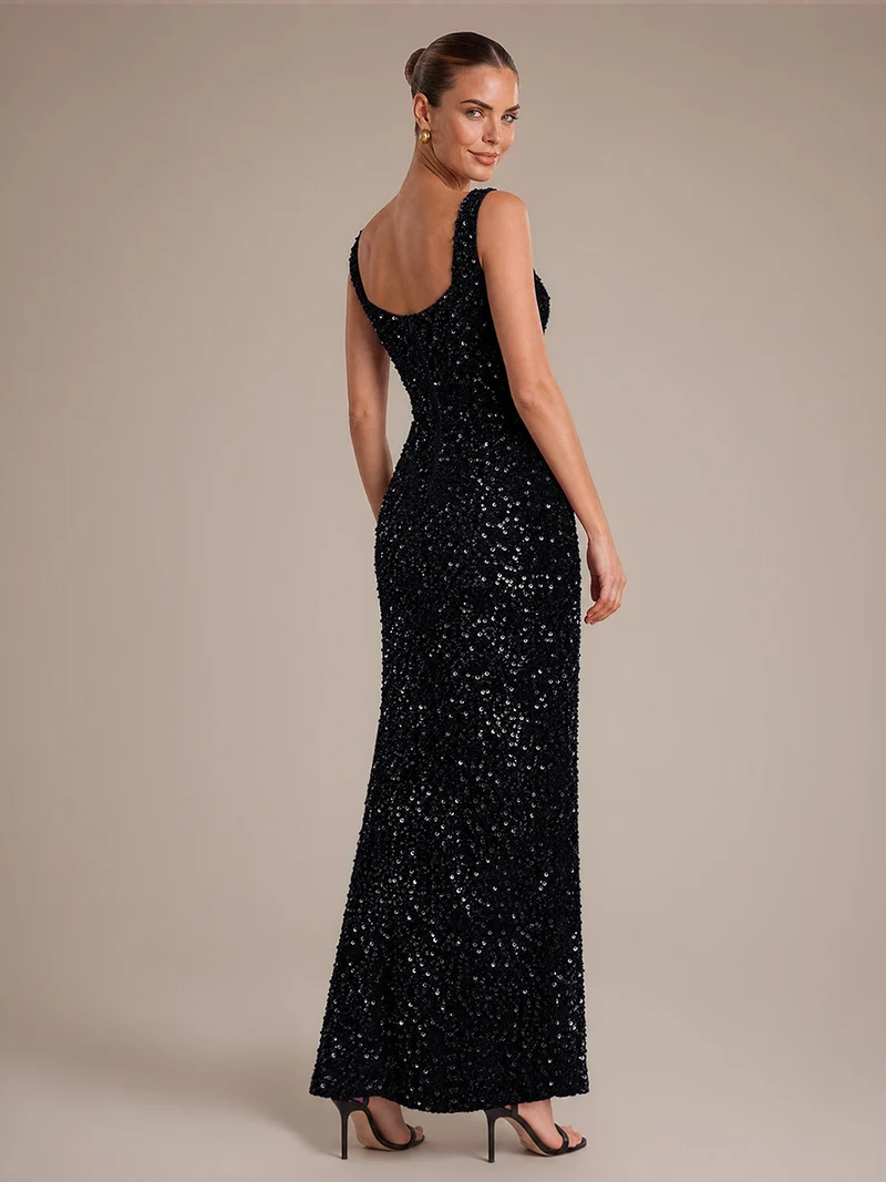 Robe de soirée maxi sans manches à sequins et décolleté carré