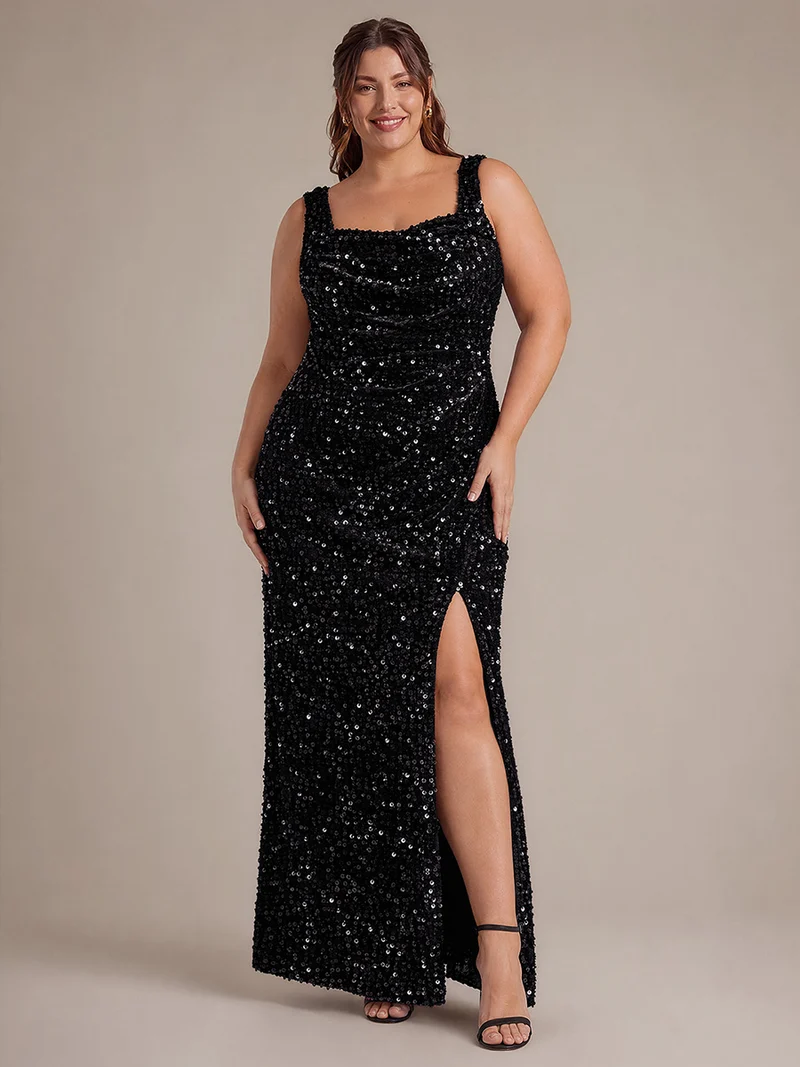 Robe de soirée maxi sans manches à sequins et décolleté carré