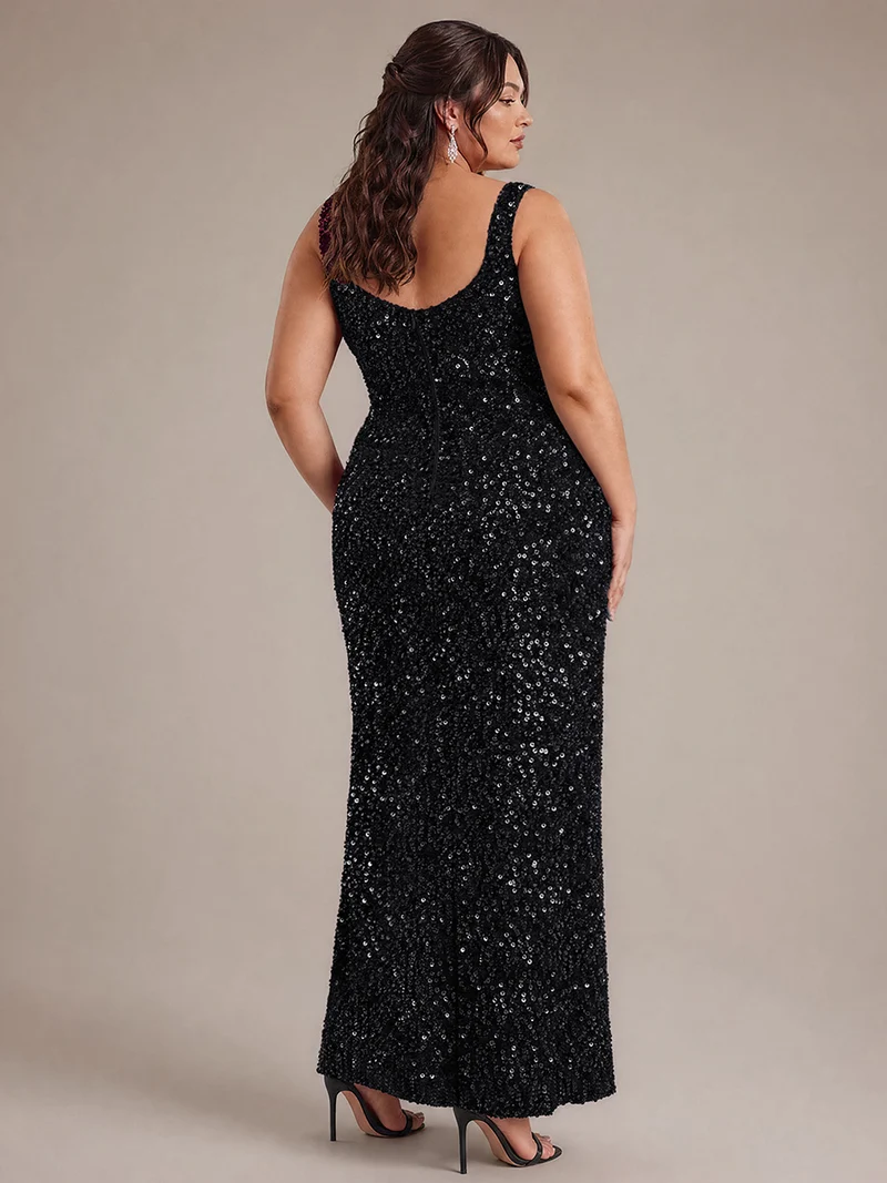 Robe de soirée maxi sans manches à sequins et décolleté carré
