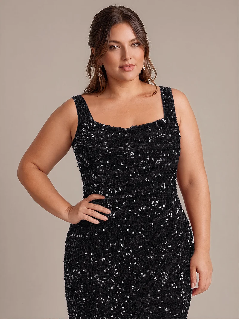 Robe de soirée maxi sans manches à sequins et décolleté carré