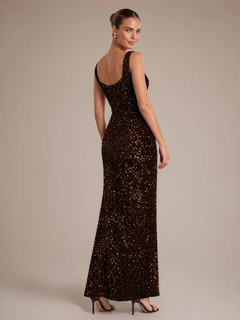 Robe de soirée maxi sans manches à sequins et décolleté carré