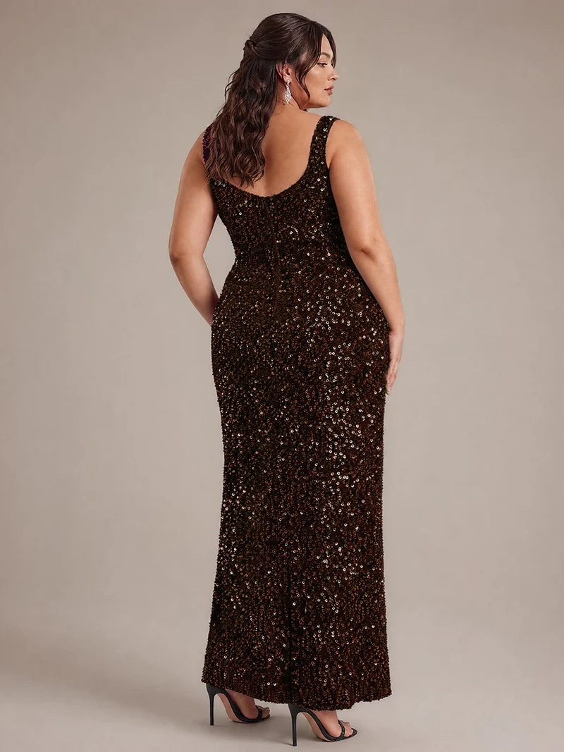 Robe de soirée maxi sans manches à sequins et décolleté carré