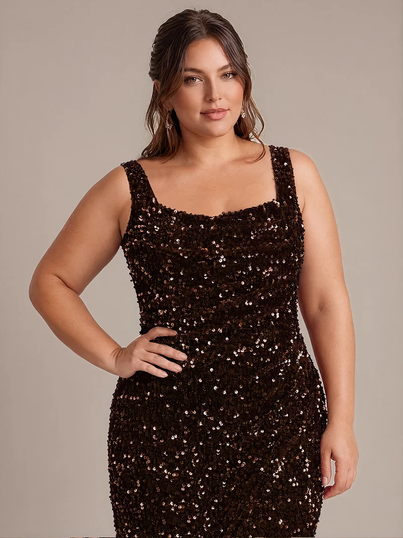 Robe de soirée maxi sans manches à sequins et décolleté carré
