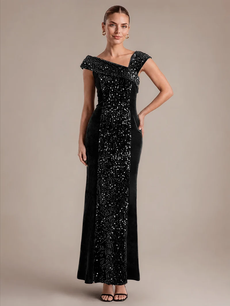 Robe de soirée maxi moulante à sequins et décolleté asymétrique