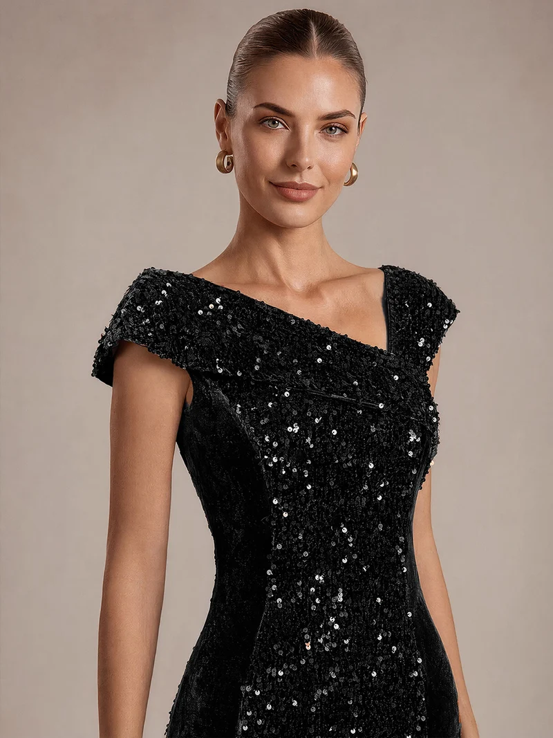 Robe de soirée maxi moulante à sequins et décolleté asymétrique