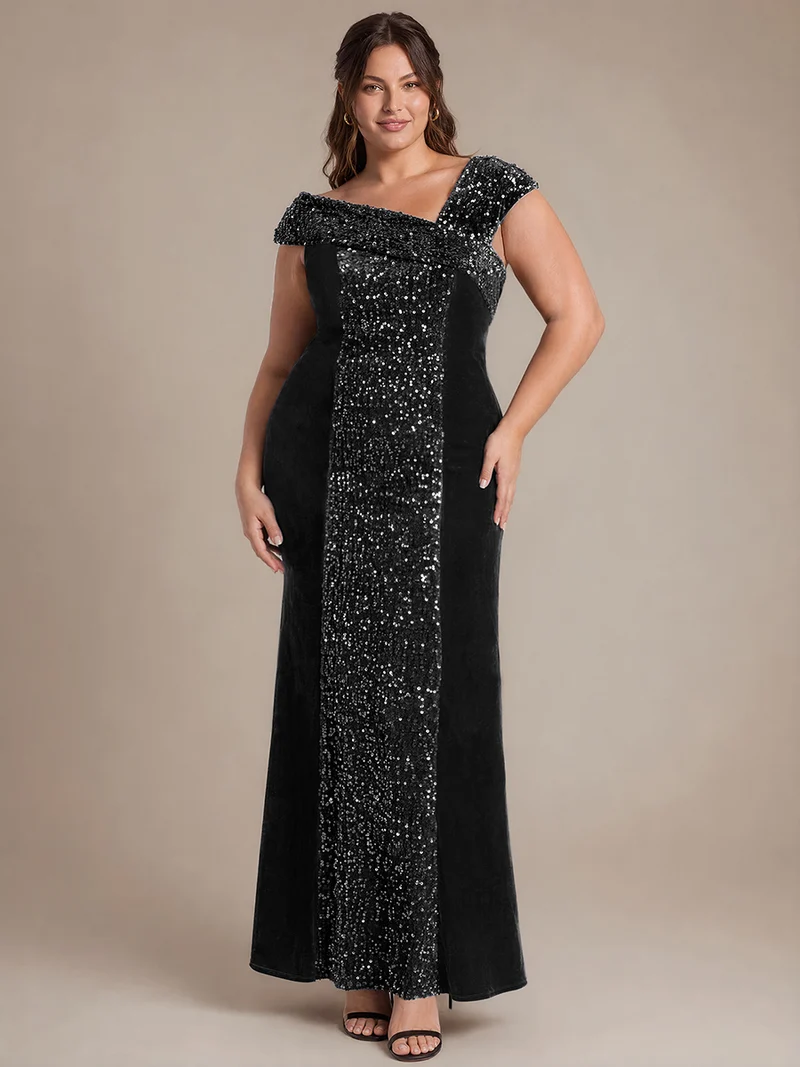 Robe de soirée maxi moulante à sequins et décolleté asymétrique