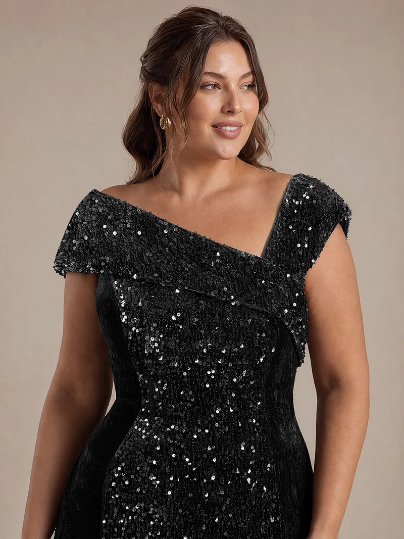 Robe de soirée maxi moulante à sequins et décolleté asymétrique