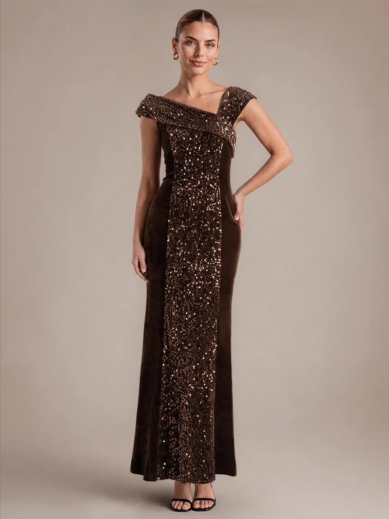 Robe de soirée maxi moulante à sequins et décolleté asymétrique
