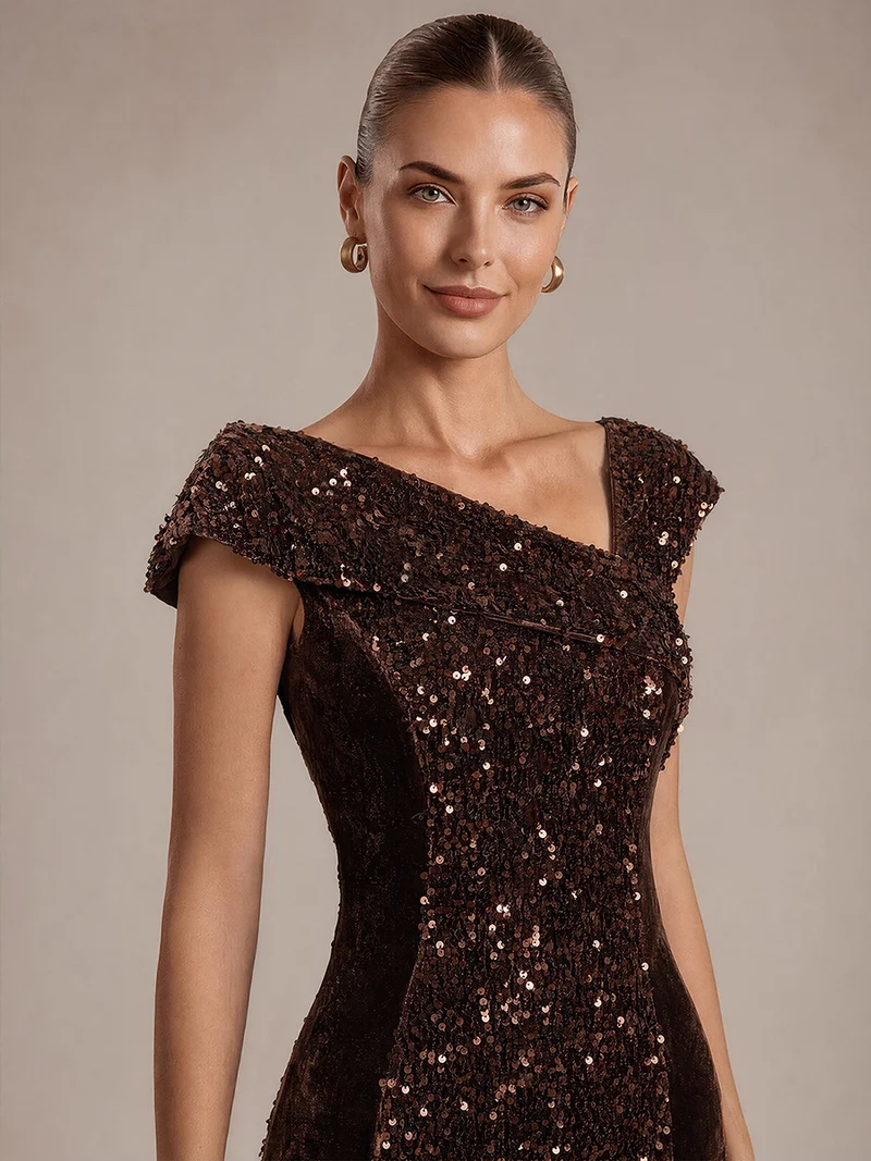 Robe de soirée maxi moulante à sequins et décolleté asymétrique