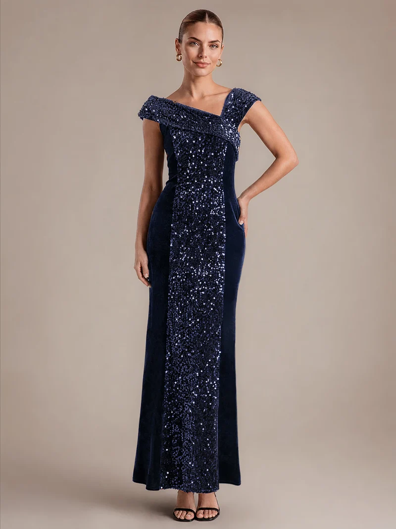 Robe de soirée maxi moulante à sequins et décolleté asymétrique