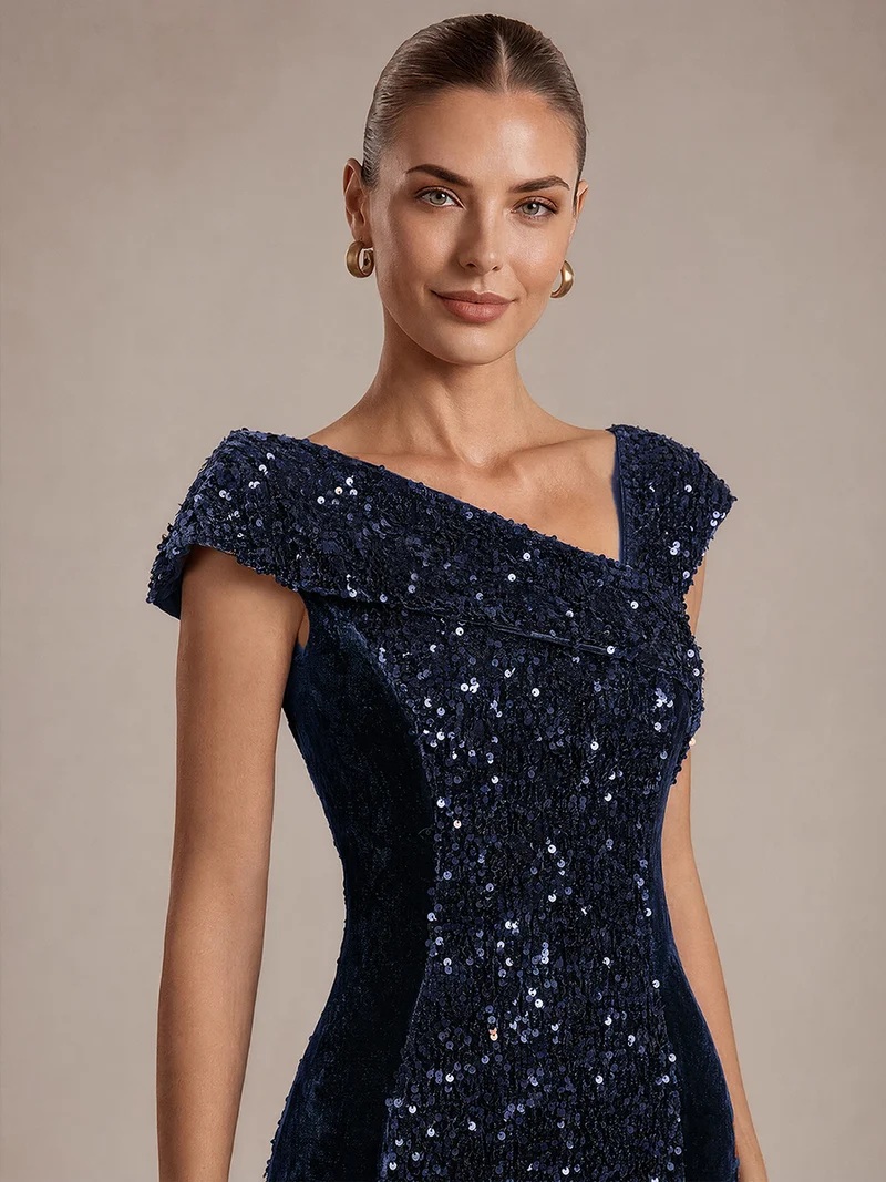 Robe de soirée maxi moulante à sequins et décolleté asymétrique