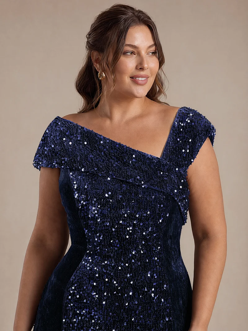 Robe de soirée maxi moulante à sequins et décolleté asymétrique
