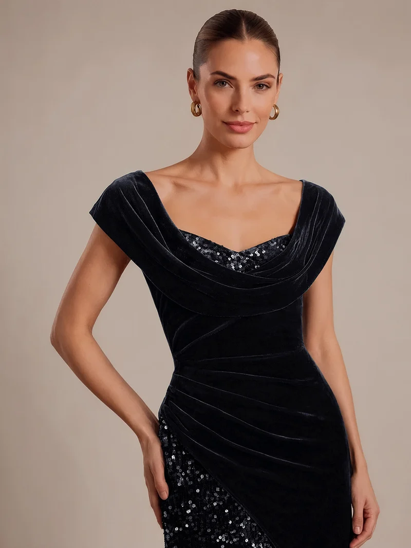 Robe de soirée longue en velours à sequins, fendue et drapée