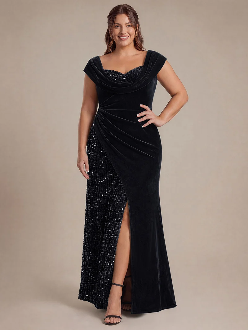 Robe de soirée longue en velours à sequins, fendue et drapée