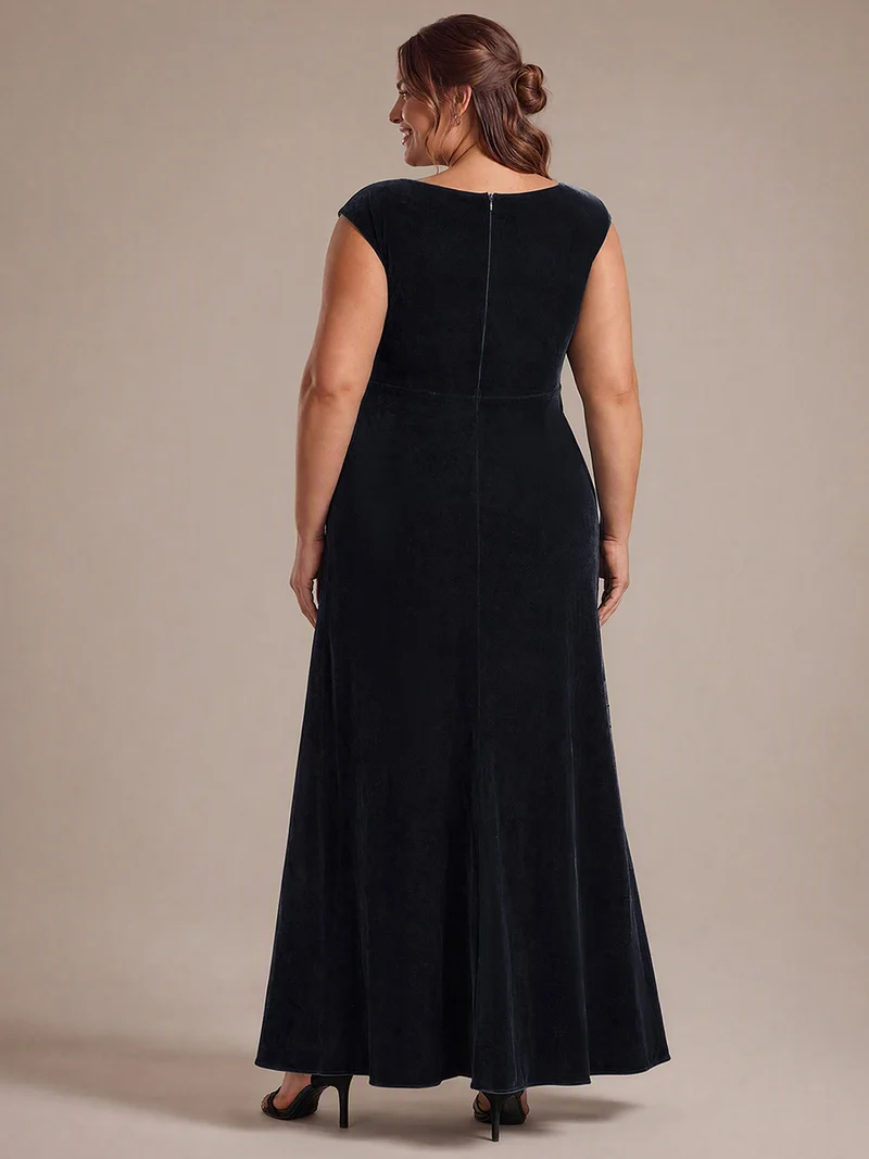 Robe de soirée longue en velours à sequins, fendue et drapée