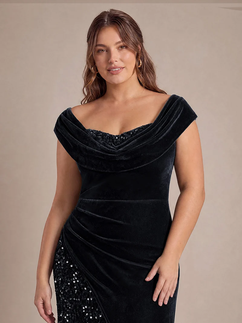 Robe de soirée longue en velours à sequins, fendue et drapée