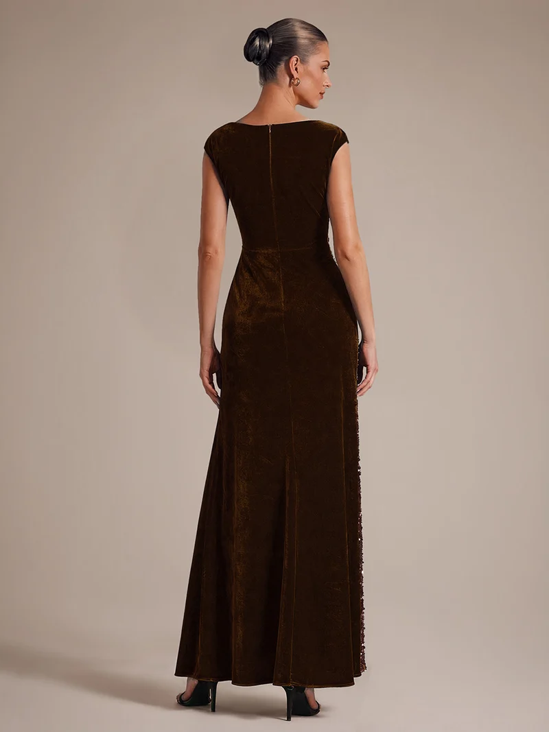 Robe de soirée longue en velours à sequins, fendue et drapée