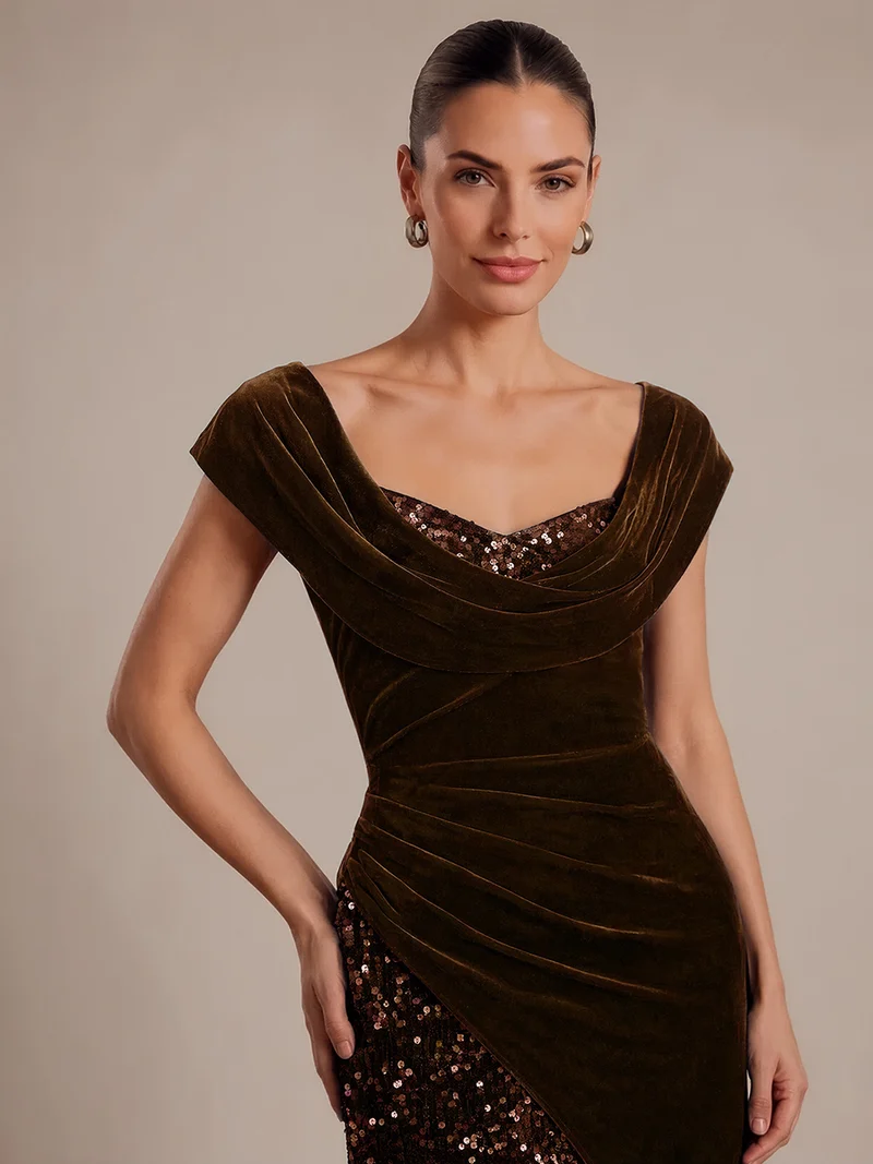 Robe de soirée longue en velours à sequins, fendue et drapée
