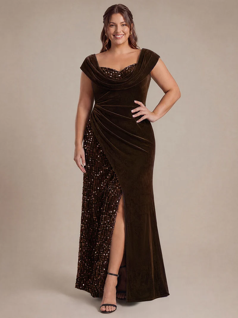 Robe de soirée longue en velours à sequins, fendue et drapée