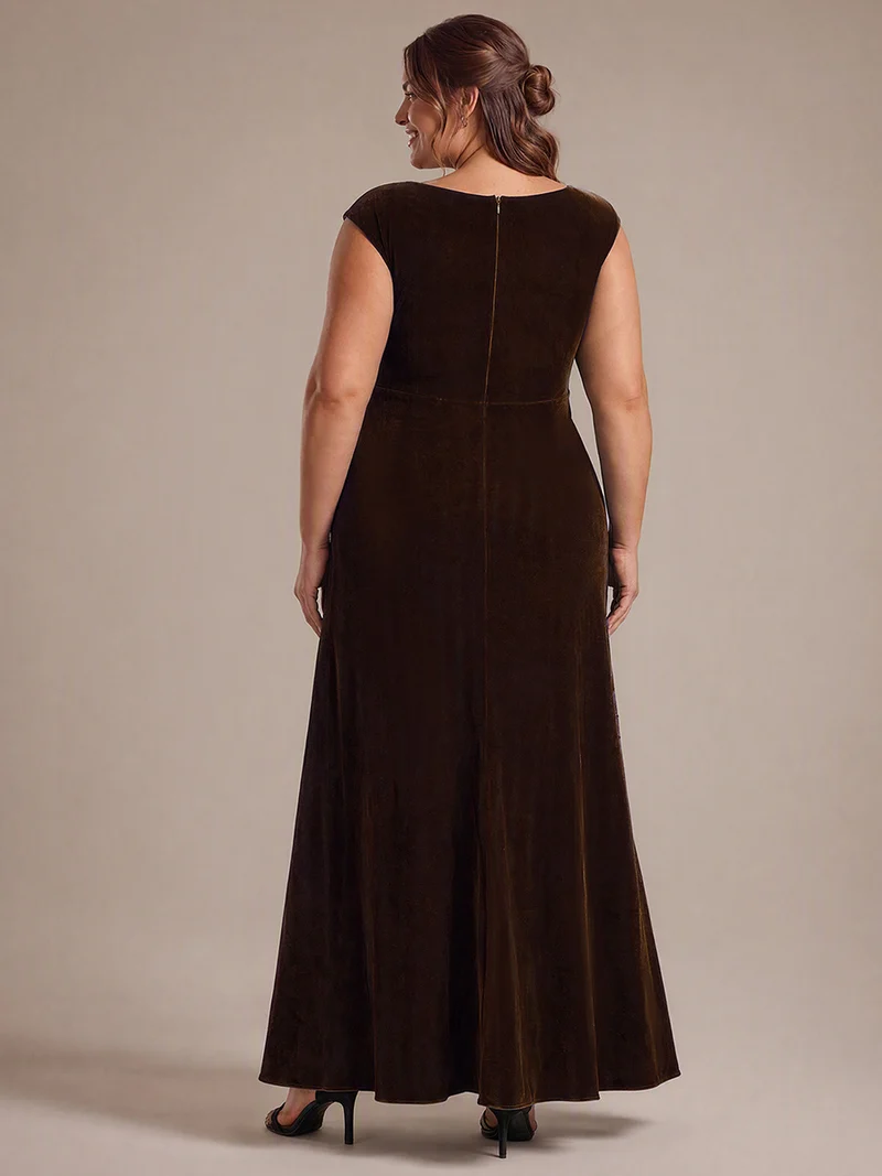 Robe de soirée longue en velours à sequins, fendue et drapée
