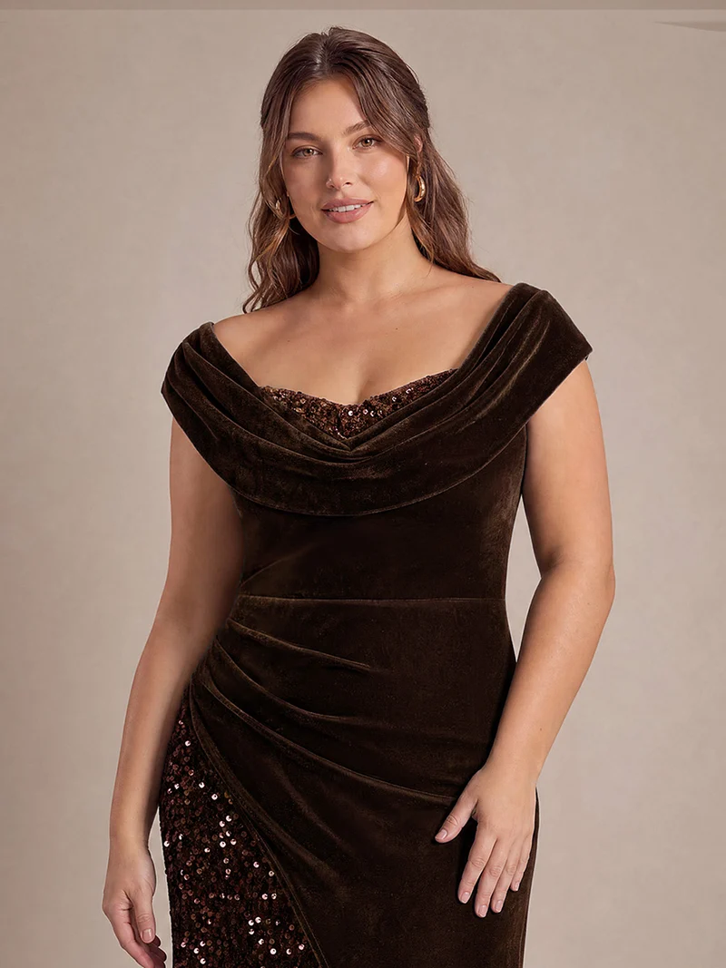 Robe de soirée longue en velours à sequins, fendue et drapée