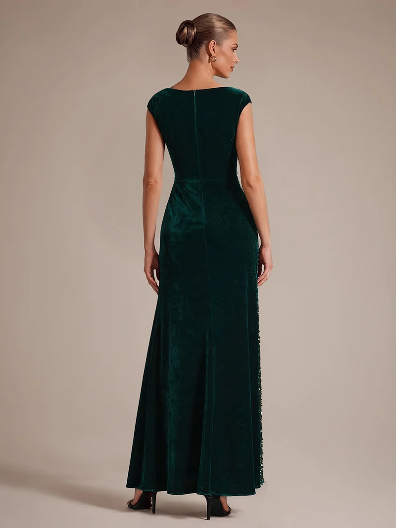 Robe de soirée longue en velours à sequins, fendue et drapée