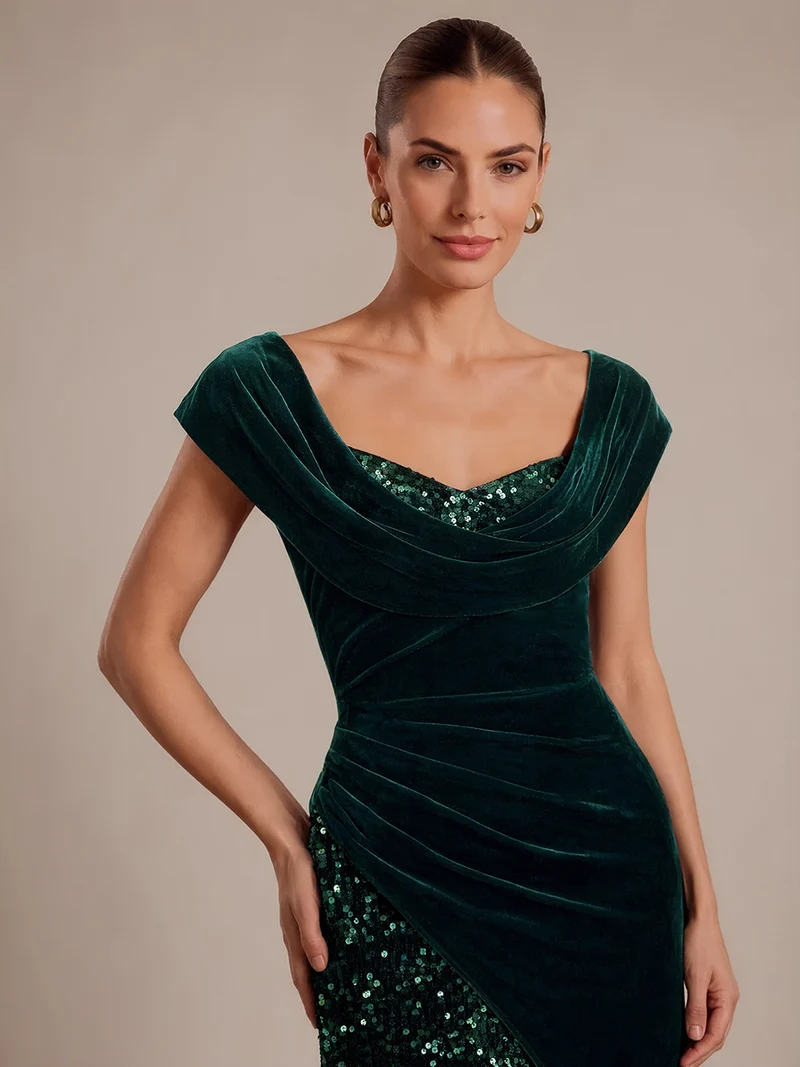 Robe de soirée longue en velours à sequins, fendue et drapée