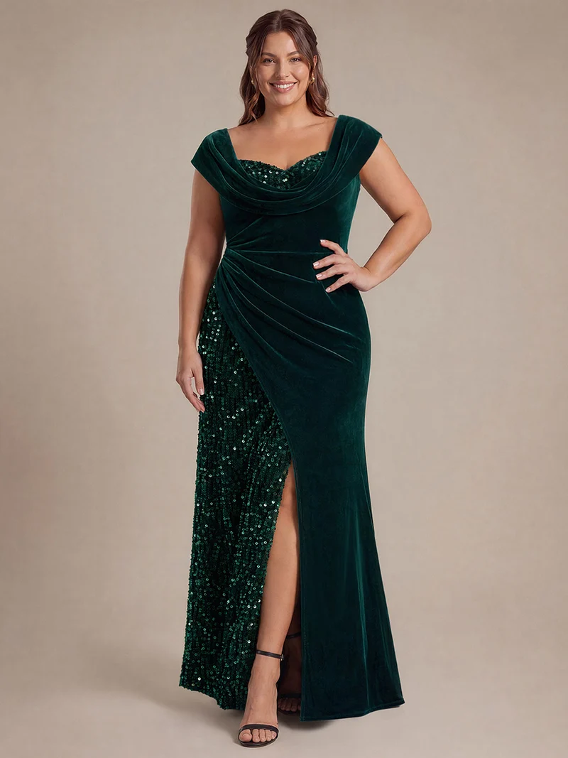 Robe de soirée longue en velours à sequins, fendue et drapée