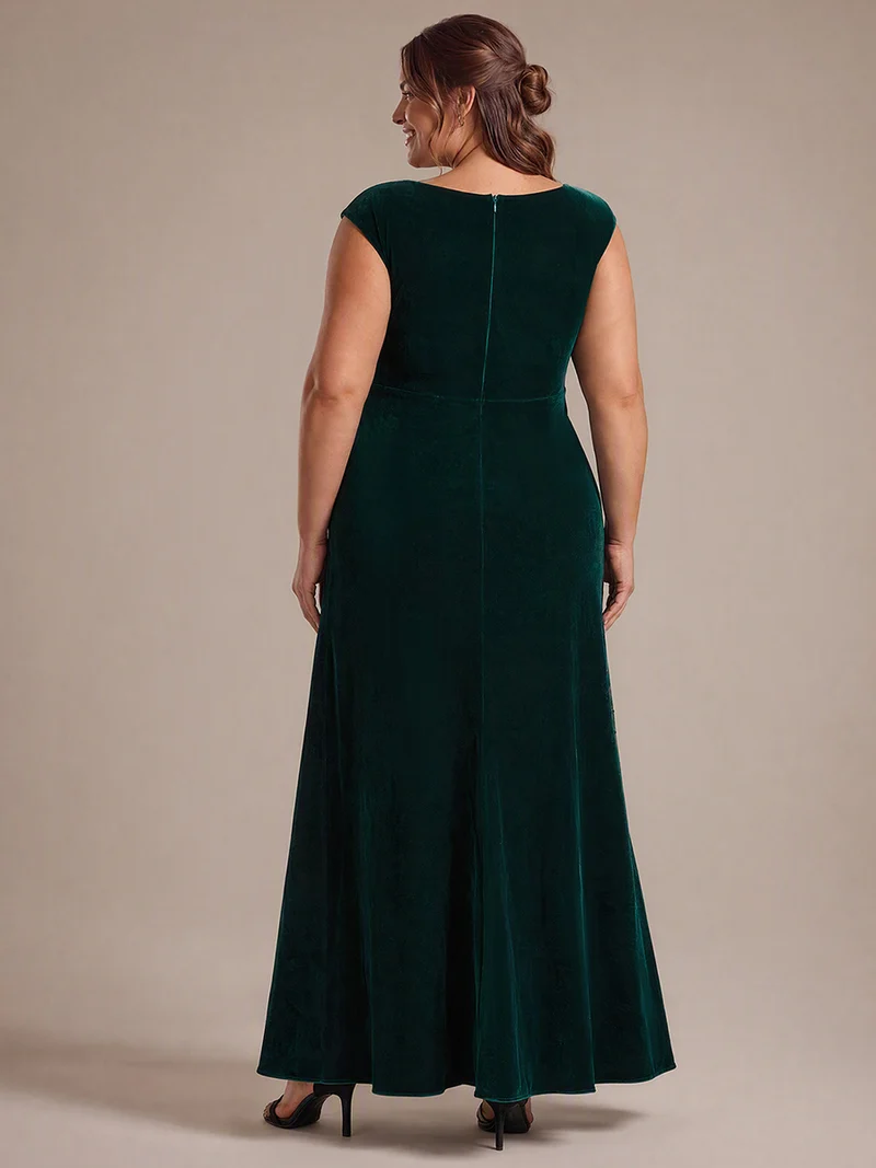 Robe de soirée longue en velours à sequins, fendue et drapée